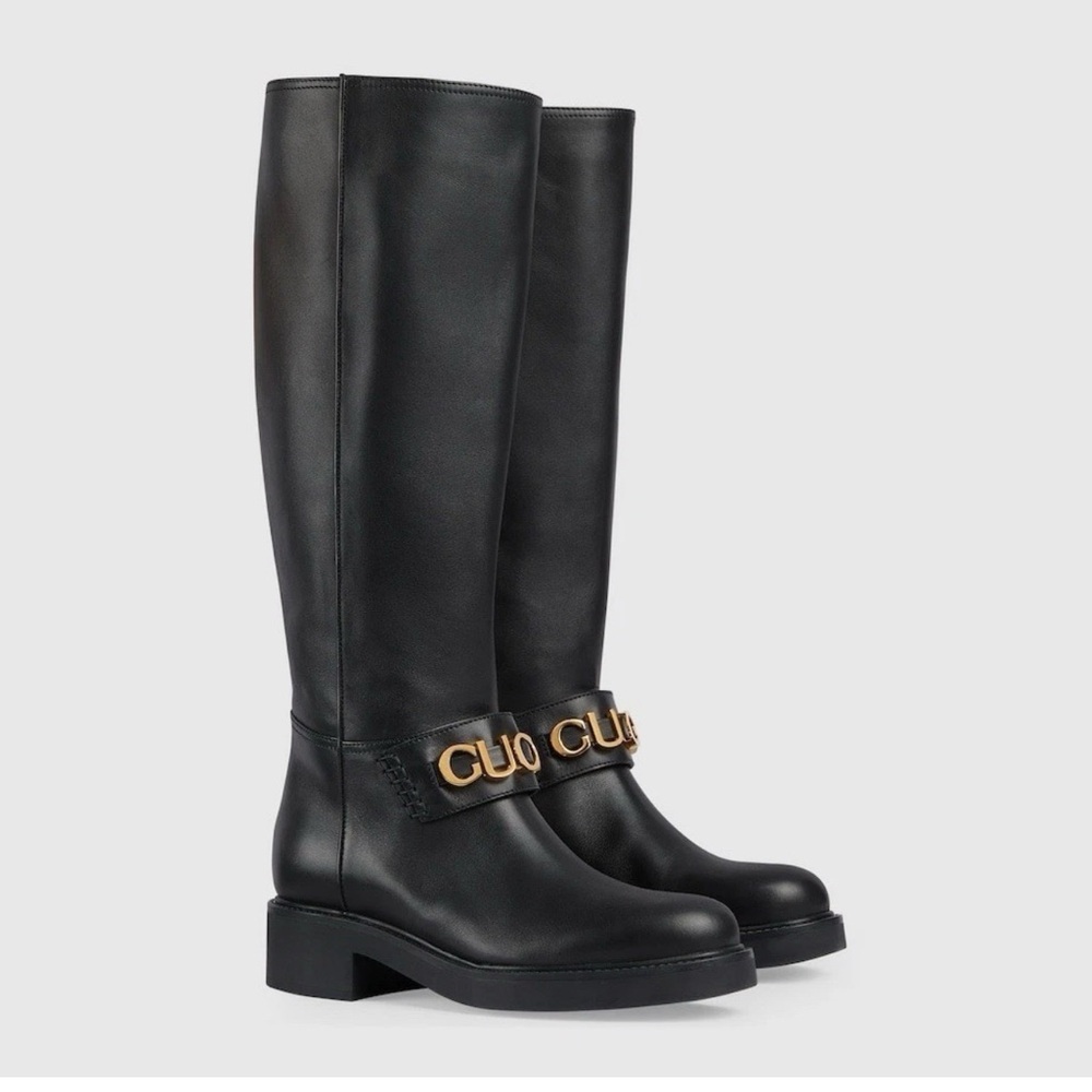 New Gucci Women’s Gucci Logo Knee High Boots With Black Leather 752517 SZ 35.5